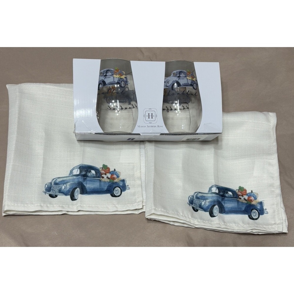 New Modern Southern Home Set Of 2 Stemless Wine Glasses 19oz W/Truck & 2 Napkins